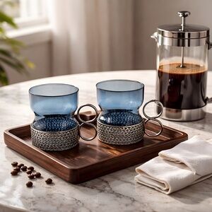 Vintage Iittala Tsaikka glasses with metal holders, designed by Timo Sarpaneva.